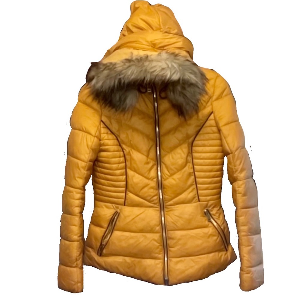 LA Coalition yellow puffer jacket with fur hood